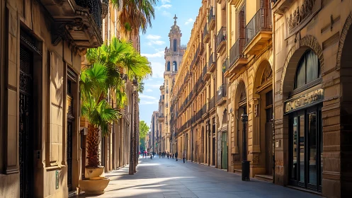 Sunlit European boulevard lines with palms and ornate facades.