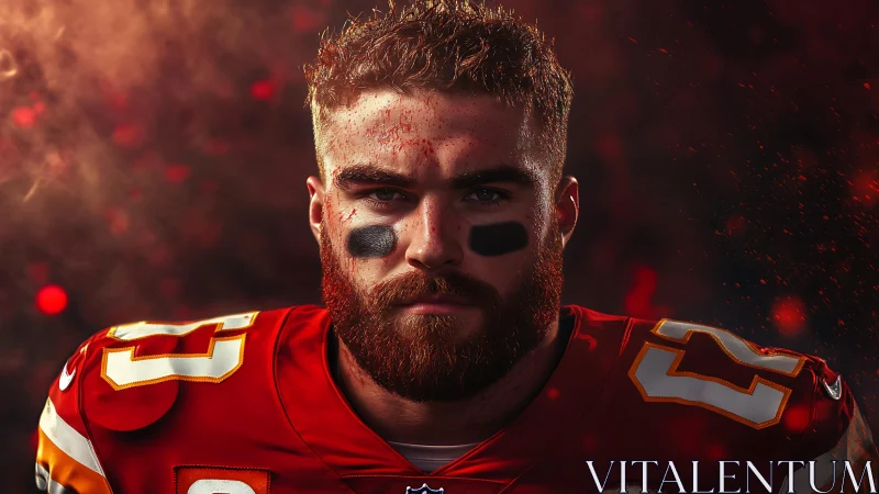 Grit and glow of a focused red-uniformed football warrior.