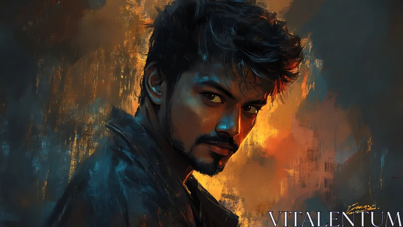 Moody digital portrait with dramatic warm backlight.