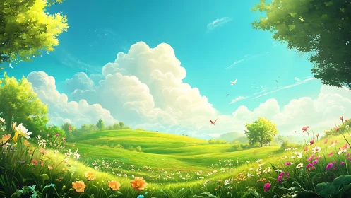 Sunlit wildflower meadow stretches beneath towering clouds.