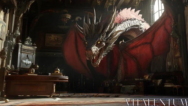 Red dragon dominates ornate study interior scene.