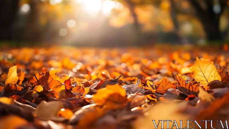 Golden autumn leaves glow softly in warm afternoon light