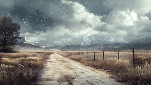 Digital painting of rural road toward stormy alpine mountains.