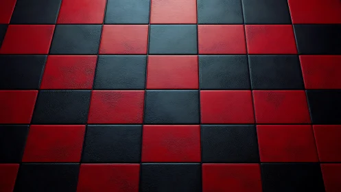 Red and black textured tiles form geometric grid pattern.
