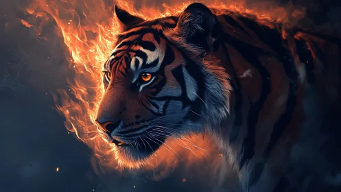 Firelit tiger portrait in glowing ember haze at dusk.