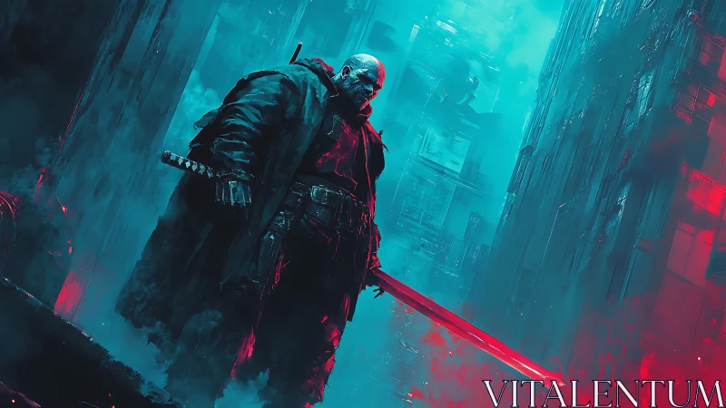 Cyberpunk swordsman in neon-lit alleyway, red plasma blade