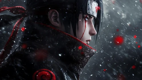 Silent anime warrior in falling snow and glowing red embers.