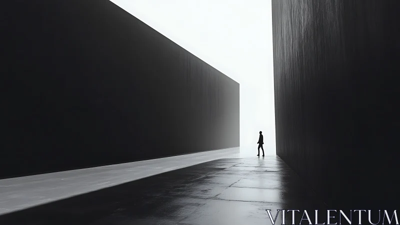 Silhouetted figure in minimalist concrete corridor with architectural geometry.