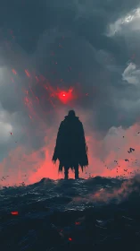 Lone wanderer meets a blazing red sky of swirling mystery.