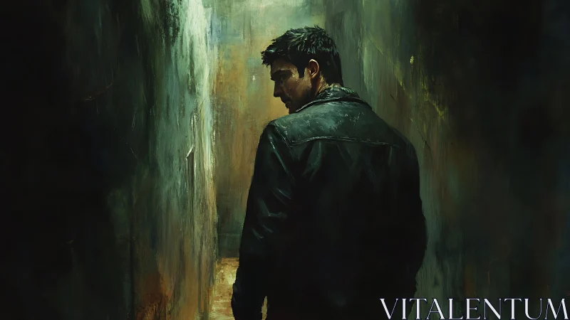 Lone figure in a shadowed alley pausing between light, choices.