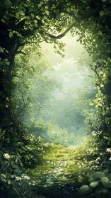 Forest canopy opening: translucent foliage tunnel with dappled light penetration analysis