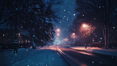 Snowfall softens a quiet city street under blue night light