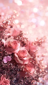 Macro bouquet of glittered pink roses with bokeh highlights