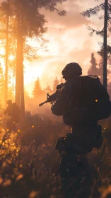 Sunlit soldiers slip through ember-lit forest mist