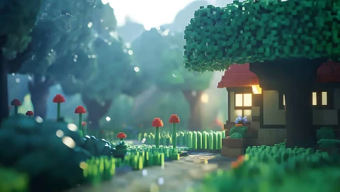 Minecraft-Style Cottage in Forest Setting with Atmospheric Lighting