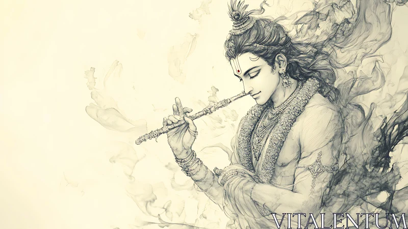 Divine musician in flowing ink lines plays a serene flute melody