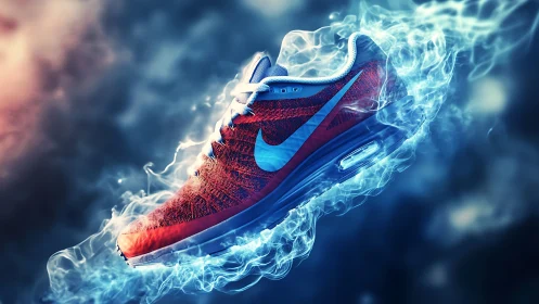 Energized running shoe floats in swirling electric blue smoke
