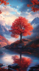 Crimson autumn sentinel mirrored in a dreamlit river.