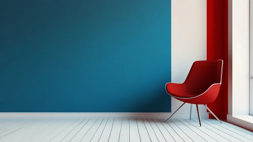 Red modern chair stands against teal and white accent wall