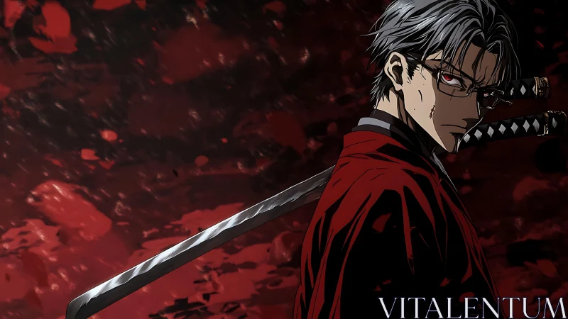 Sword-wielding warrior glares through bloodlit night storm.