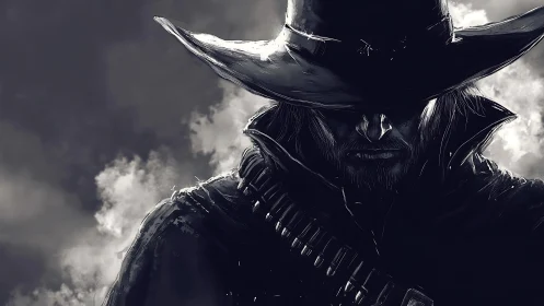 Lone gunslinger in shadowed monochrome digital portrait.