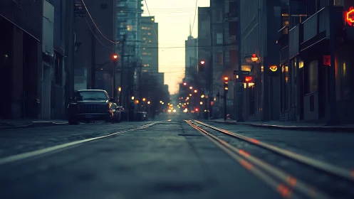 Moody urban tram tracks at twilight with cinematic bokeh.