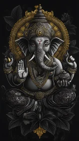 High-contrast digital Ganesha icon with intricate metallic embossing