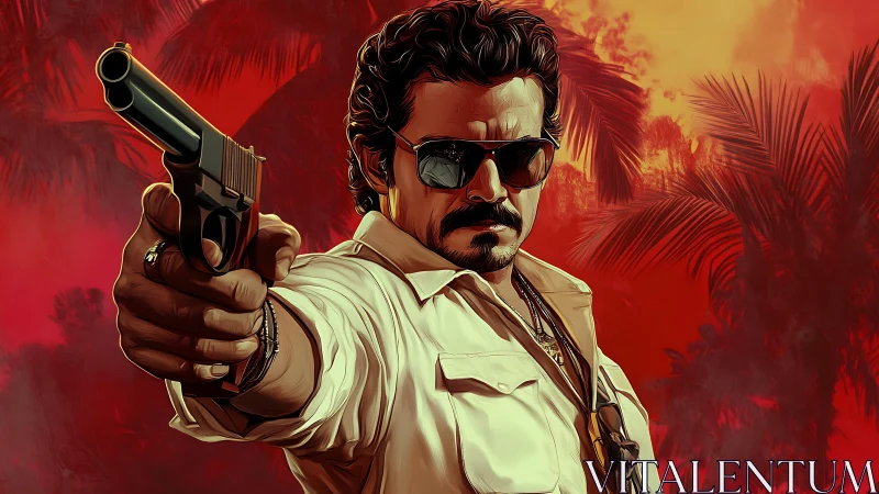 Ballistic perspective portrait with revolver and tropic haze.