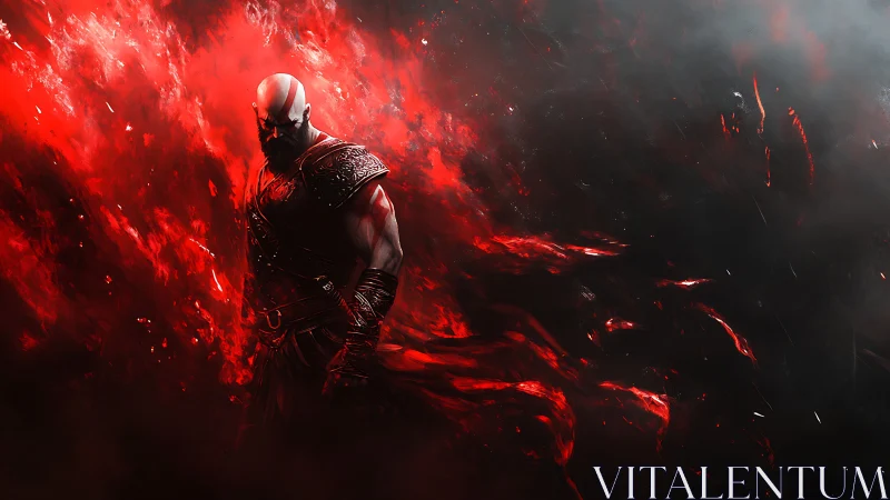 Bald warrior in red energy swirl against dark background.