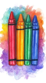 Vibrant crayon quartet on watercolor spectrum backdrop.