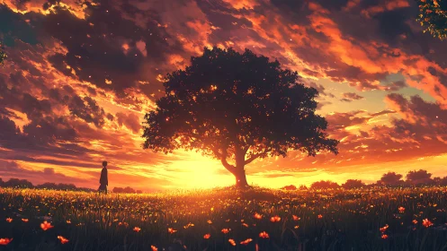 Solitary figure crosses sunset meadow beneath glowing tree