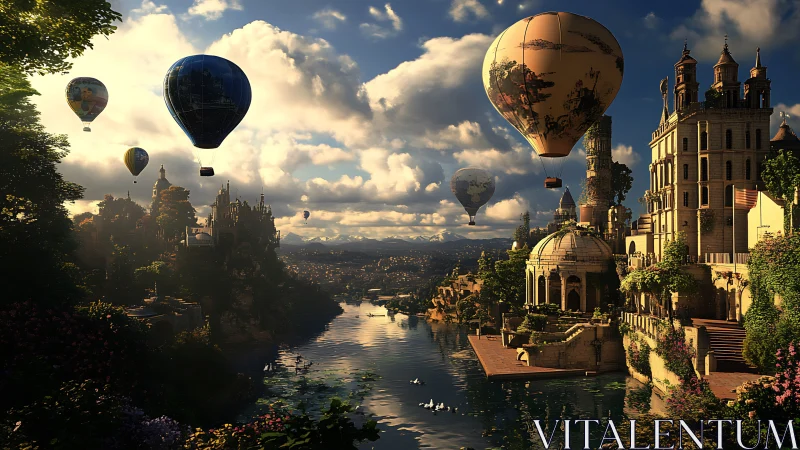 Hot air balloons drifting above a golden riverside city.