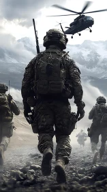 Soldiers advance through rugged valley under tactical helicopter