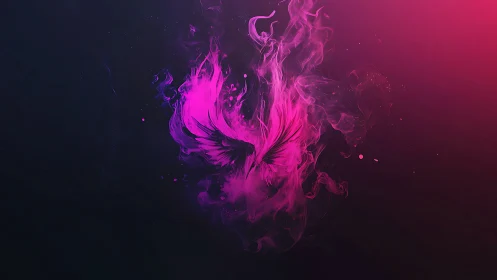 Phoenix-shaped magenta smoke rising in neon darkness.
