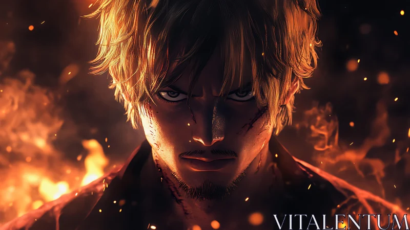 Fiery blonde warrior emerging from darkness and embers.