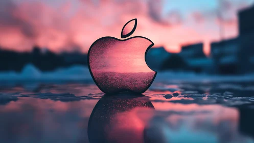 Apple Logo Glowing at Sunset Over Reflective Water
