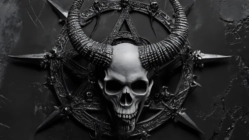 Horned skull emblem on dark gothic pentagram symbol
