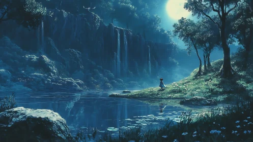 Moonlit waterfalls hush the forest while a child listens