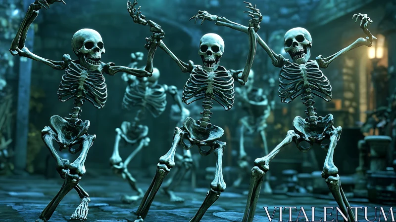 Midnight skeleton dance party in a glowing crypt.