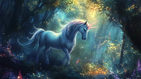 Enchanted unicorn wanders through glowing mystical forest.