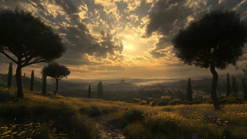 Sunset-illuminated valley landscape with volumetric cloud scattering