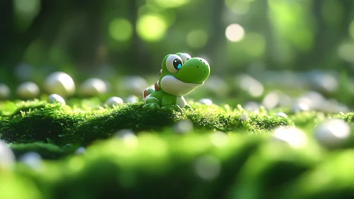Tiny green dino daydreams among sparkling forest pearls