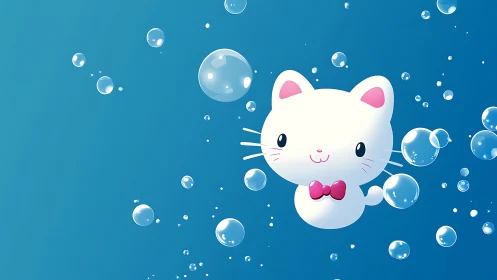 White cartoon cat with bubbles on blue gradient background.