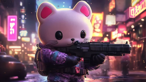 Cute mouse soldier with rifle in neon cyberpunk street.