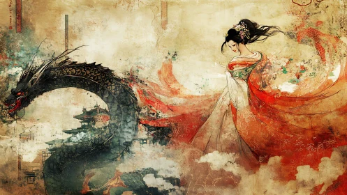 Silken empress drifting beside a storm-breathed dragon spirit.