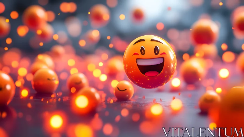 Luminous orange emoji spheres in shallow depth bokeh field.