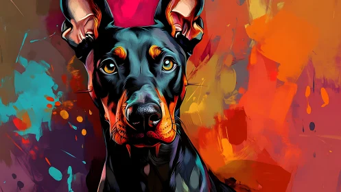 Doberman portrait in saturated abstract color field painting.