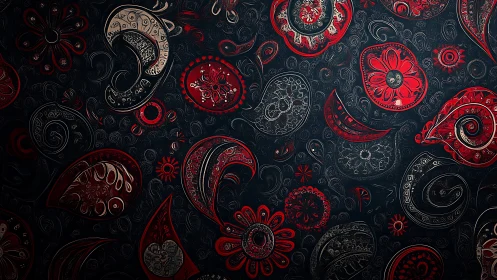 Rich paisley blooms glow in deep red and charcoal swirls