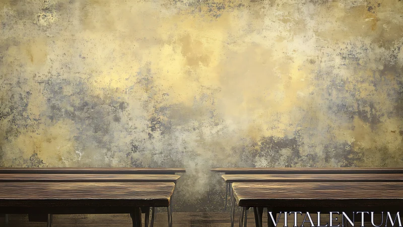 Weathered studio wall with rustic wooden worktables.