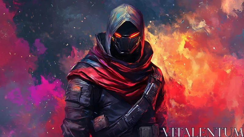Cyberpunk hooded sentinel against molten chroma nebula field.